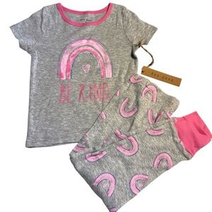 NWT Rae Dunn Kids Pajama Set 4T Gray and Pink 'Be Kind' Rainbows 100% Cotton